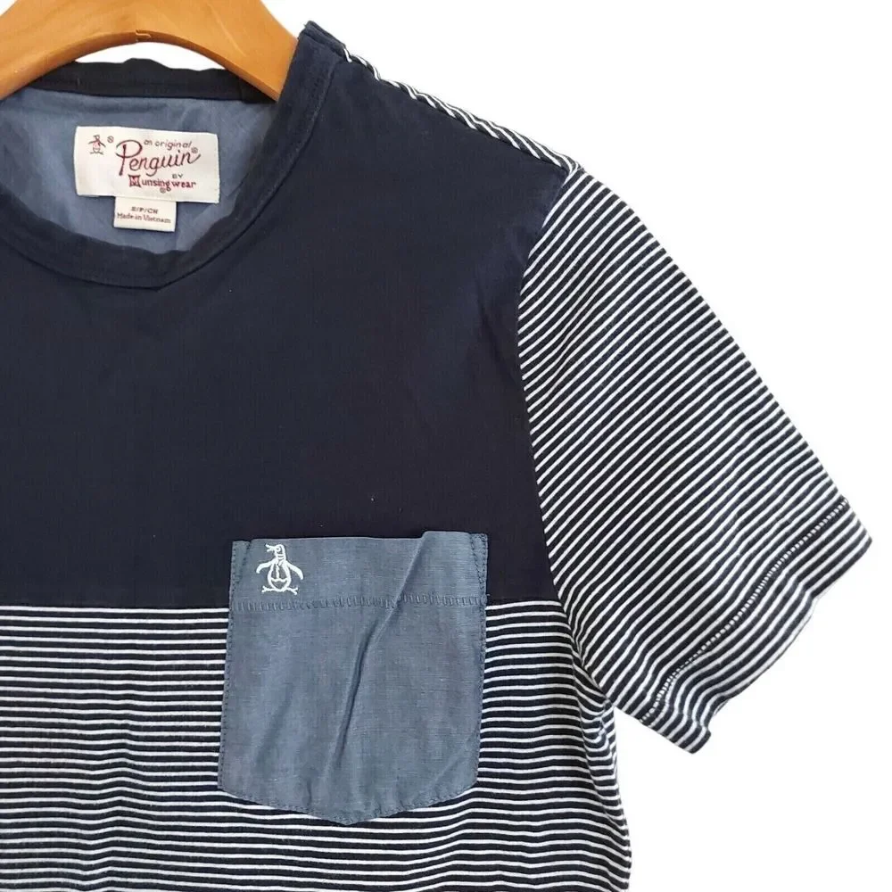 Penguin Boys T-Shirt Small Blue Gray Short Sleeve Stripes Crew Neck Cotton - Picture 3 of 9
